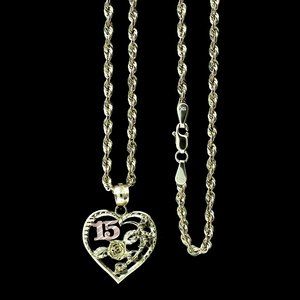 10K Real Gold Rope Chain and Sweet 15 Heart Pendant Pendant Set